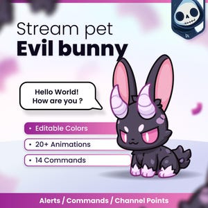 Może przedstawiać: Cyfrowa grafika przedstawiająca ciemnofioletowo-czarnego królika z różowymi oczami i rogami. Tekst głosi: Stream pet Evil bunny, Hello World! How are you ?, Editable Colors, 20+ Animations, 14 Commands, Alerts / Commands / Channel Points.