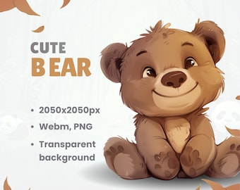 Pode incluir: Um urso marrom de desenho animado fofo com um grande sorriso, sentado em um fundo branco. O urso tem um nariz marrom claro e pequenos olhos pretos.