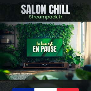 Peut inclure: Un écran vert avec le texte "Le live est en pause" affiché sur un téléviseur dans une pièce avec des plantes vertes et une étagère en bois.