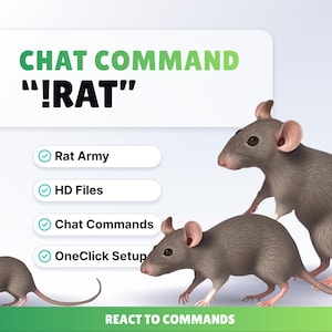 Puede incluir: Imagen digital con tres ratas grises con orejas rosas. El texto en la parte superior dice "CHAT COMMAND !RAT". Debajo, opciones para "Rat Army", "HD Files", "Chat Commands" y "OneClick Setup". La pancarta inferior dice "REACT TO COMMANDS".