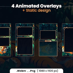 Puede incluir: Cuatro superposiciones animadas con un tema de jungla que presenta un tigre durmiendo en el follaje. Las superposiciones tienen un borde dorado y est&aacute;n dise&ntilde;adas para su uso en videos. El texto "4 Animated Overlays + Static design" est&aacute; en la parte superior de la imagen. El texto ".Webm, .Png (1080 x 1920 px)" est&aacute; en la parte inferior de la imagen.