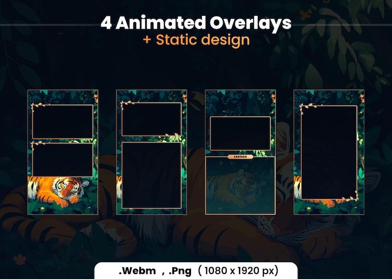 Puede incluir: Cuatro superposiciones animadas con un tema de jungla que presenta un tigre durmiendo en el follaje. Las superposiciones tienen un borde dorado y est&aacute;n dise&ntilde;adas para su uso en videos. El texto "4 Animated Overlays + Static design" est&aacute; en la parte superior de la imagen. El texto ".Webm, .Png (1080 x 1920 px)" est&aacute; en la parte inferior de la imagen.