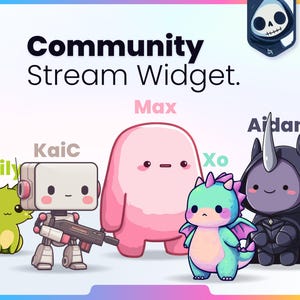 Op de afbeelding: Een digitale afbeelding getiteld Community Stream Widget met vijf stripfiguren gelabeld Lily, KaiC, Max, Xo en Aidan. De figuren omvatten een groen wezen, een witte robot met een geweer, een roze blob, een groenblauwe draak en een donker figuur met kap.