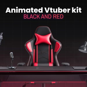 May include: A black and red gaming chair with a red pillow, a black microphone, and a black desk lamp on a black desk with red accents. The text "Animated Vtuber kit BLACK AND RED" is displayed above the chair.