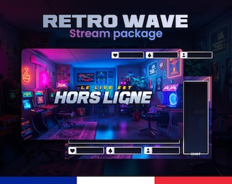 May include: A retro-themed Twitch stream overlay with a neon pink and blue color scheme. The overlay features a gamer room with arcade cabinets, a computer, and a neon sign that reads "Le Live Est Hors Ligne".