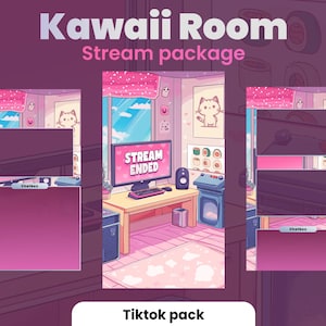 以下が含まれることがあります： Kawaii Room Stream Package - ピンクと白を基調としたTwitchストリームオーバーレイ。チャットボックス、ストリーマーのウェブカメラ用の画面、ストリーミングされているゲームまたはビデオ用の画面があります。オーバーレイには、ピンクと白のラグ、コンピューター付きのデスク、ピンクと白の猫の置物も含まれています。