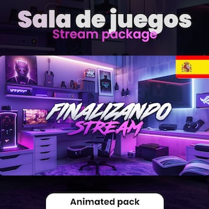 ESPAGNOL TWITCH OVERLAYS pack - Neon gaming room - Purple and Black - Animated - Stream package - Overlay kit - Spanish - Low-Fi Néon