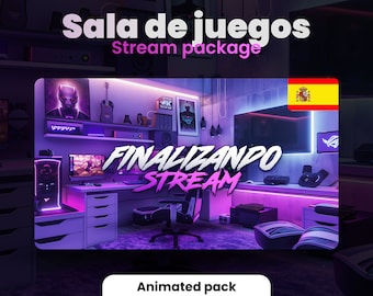 Paquete ESPAGNOL TWITCH OVERLAYS - Sala de juegos de neón - Púrpura y Negro - Animado - Paquete Stream - Kit de superposición - Español - Low-Fi Néon