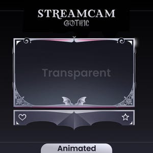May include: An animated stream overlay in a gothic style, featuring a silver frame with a pink accent. The text "STREAMCAM GOTHIC" is at the top, with a bat design and the word "Transparent" in the centre. The bottom of the overlay has a heart and a star.