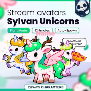 Puede incluir: Gráfico digital con tres unicornios de dibujos animados etiquetados como Stream avatars Sylvan Unicorns. Los unicornios tienen crines, alas y astas verdes, amarillas y rosas. El texto incluye Fight Mode, 12 Emotes, Auto-Spawn, Name, !SPAWN CHARACTERS y un globo de texto que dice Hello World! How are you?