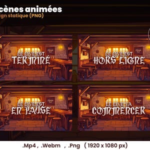 May include: Four animated scenes of a tavern interior with a wooden bar and stools. The text on the scenes reads "Le Live Est Termine", "Le Live Est Hors Ligne", "Le Live Est En Pause", and "Le Live Va Commencer".
