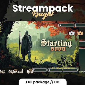 May include: A green, yellow, and brown digital illustration of a knight standing in a forest. The text "Streampack Knight" is at the top of the image. The text "Starting soon" is in the centre of the image. The image is a Twitch stream overlay.