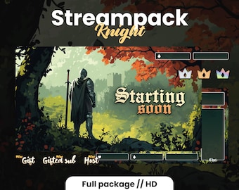 May include: A green, yellow, and brown digital illustration of a knight standing in a forest. The text "Streampack Knight" is at the top of the image. The text "Starting soon" is in the center of the image. The image is a Twitch stream overlay.