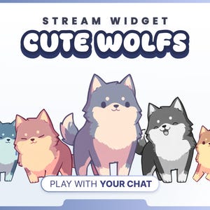 Puede incluir: Gráfico digital con el texto "STREAM WIDGET" sobre las palabras "CUTE WOLFS" en una fuente de burbujas azul. Debajo, se muestran lobos de dibujos animados en varios colores, con un botón que dice "PLAY WITH YOUR CHAT".