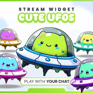 May include: A graphic featuring cartoon UFOs with cute alien characters. The UFOs are in various colours, including green, blue, yellow, purple, and pink. The text "STREAM WIDGET" and "CUTE UFOS" are at the top, with "PLAY WITH YOUR CHAT" at the bottom.