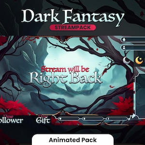 Puede incluir: Diseño de Streampack de Fantasía Oscura con un tema de bosque oscuro. El diseño incluye el texto "Stream will be Right Back" y elementos animados. Presenta una paleta de colores rojo oscuro, negro y verde azulado.