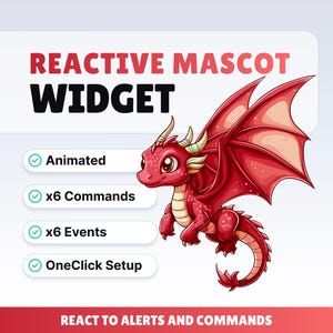 May include: A cartoon illustration of a red dragon with large wings. The text "REACTIVE MASCOT WIDGET" is displayed above the dragon. Additional text includes "Animated", "x6 Commands", "x6 Events", and "OneClick Setup". The phrase "REACT TO ALERTS AND COMMANDS" is at the bottom.