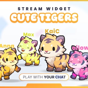 Op de afbeelding: Een digitale stream-widgetafbeelding met vier cartoon-tijgers in geel, oranje en roze met donkere strepen. De tekst luidt STREAM WIDGET CUTE TIGERS, met de namen Anna, Max, KaiC en oilow, en de tekst PLAY WITH YOUR CHAT onderaan de afbeelding.