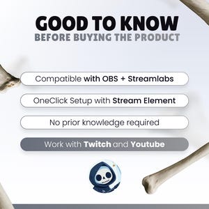 May include: An informational graphic titled GOOD TO KNOW BEFORE BUYING THE PRODUCT. It lists compatibility with OBS, Streamlabs, Stream Element, Twitch, and YouTube, noting no prior knowledge is required. A cartoon grim reaper icon is at the bottom.