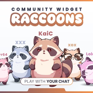 Op de afbeelding: Digitale illustratie van cartoon wasberen met namen erboven. De tekst "Community Widget Raccoons" staat bovenaan en "Play with your chat" onderaan.