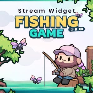 May include: A digital graphic for a Stream Widget Fishing Game featuring a cartoon character with a beard and pink cap sitting on a stump holding a fishing rod. The scene includes green trees, purple winged insects, and the text Stream Widget FISHING GAME.