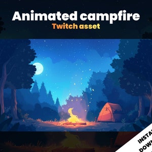 FALÒ ANIMATO - Risorse Twitch - Sfondo streaming - Campeggio notturno illustrato - Mezzanotte - Download immediato - 1920x1080px