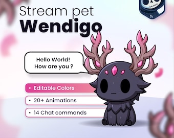 May include: A digital illustration of a dark purple Wendigo creature with large pink-tipped antlers and a pink crystal on its forehead. Text includes Stream pet Wendigo, Hello World! How are you?, Editable Colors, 20+ Animations, 14 Chat commands.