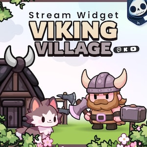 Puede incluir: Un gráfico digital titulado Stream Widget VIKING VILLAGE que presenta un personaje vikingo de dibujos animados con casco con cuernos y hacha, un gato pequeño y esponjoso, una casa de madera y un icono de martillo. Logos de Twitch, Kick y YouTube.