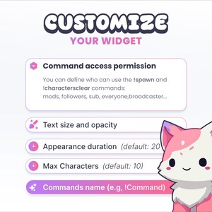 May include: A graphic with the text "CUSTOMIZE YOUR WIDGET" and options for command access, text size, appearance duration, and max characters. A cartoon fox is in the bottom right corner.