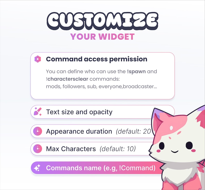 May include: A graphic with the text "CUSTOMIZE YOUR WIDGET" and options for command access, text size, appearance duration, and max characters. A cartoon fox is in the bottom right corner.