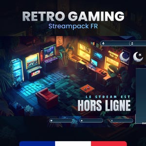 Può includere: Uno schermo di streaming Twitch offline a tema retrò con uno schema di colori verde neon e blu. Il testo "LE STREAM EST HORS LIGNE" è visualizzato al centro dello schermo.