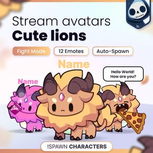 Może przedstawiać: Cyfrowe awatary do streamowania przedstawiające urocze lwy z tekstem Stream avatars Cute lions, Fight Mode, 12 Emotes, Auto-Spawn, Name, !SPAWN CHARACTERS oraz dymkiem z napisem Hello World! How are you? Lwy są różowe i jasnobrązowe z rogami.