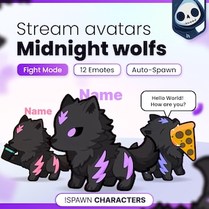 May include: Digital stream avatars featuring black wolves with purple lightning markings. Text includes Stream avatars Midnight wolfs, Fight Mode, 12 Emotes, Auto-Spawn, Name, Hello World! How are you?, and !SPAWN CHARACTERS. One wolf holds a coffee cup, another pizza.