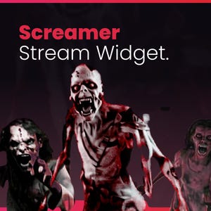 Puede incluir: Ilustración digital con tres figuras de zombis con expresiones amenazantes y bocas abiertas. El texto "Screamer Stream Widget" está en rojo y blanco. El fondo es un degradado de morado oscuro y negro.