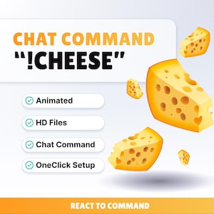 Puede incluir: Ilustración con el texto "CHAT COMMAND !CHEESE" en naranja y trozos de queso amarillo. También incluye las palabras "Animated", "HD Files", "Chat Command" y "OneClick Setup".