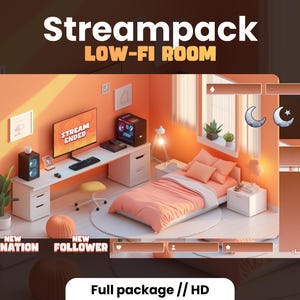 Könnte beinhalten: Eine digitale Illustration eines Low-Fi-Schlafzimmers mit einem Computertisch, einem Bett und einem Nachttisch. Der Computerbildschirm zeigt den Text "Stream Ended". Das Zimmer ist mit einem Mond und Sternen dekoriert. Der Text "Streampack LOW-FI ROOM" befindet sich oben im Bild. Der Text "NEW DONATION" und "NEW FOLLOWER" befindet sich unten im Bild. Der Text "Full package // HD" befindet sich unten im Bild.