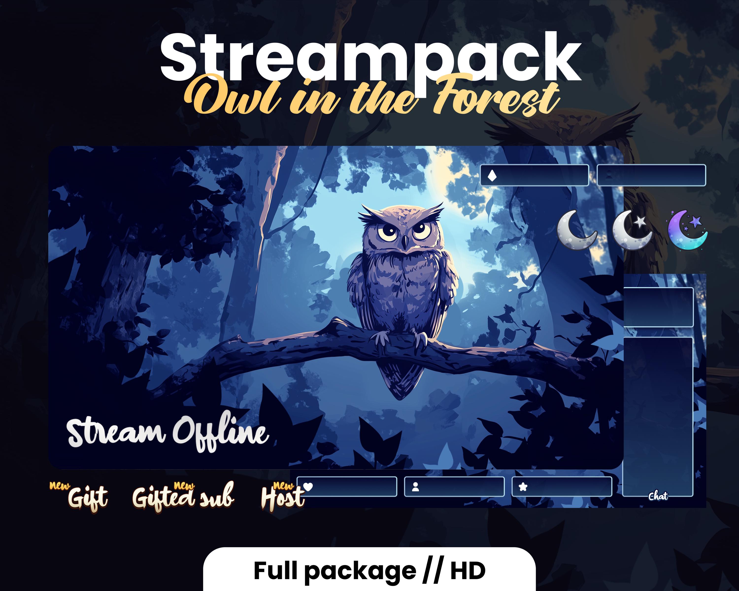 Low-Fi Owl Twitch Overlays kit | Stream package | Midnight | owl on a branch | 1920x1090px | Animate