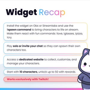 May include: A graphic promoting a "Widget Recap" with a cartoon cat character. The text explains how to use the widget with Obs or Streamlabs, using commands to bring characters to life on stream. It also mentions a dedicated website and Twitch exclusivity.
