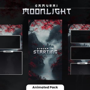 May include: Animated Twitch stream overlay pack with a dark background, red and black trees, and a river flowing through a misty valley. The text "Samurai Moonlight" is at the top of the overlay, and the text "Stream is Starting" is in the center. The overlay includes chat boxes and a space for a webcam.