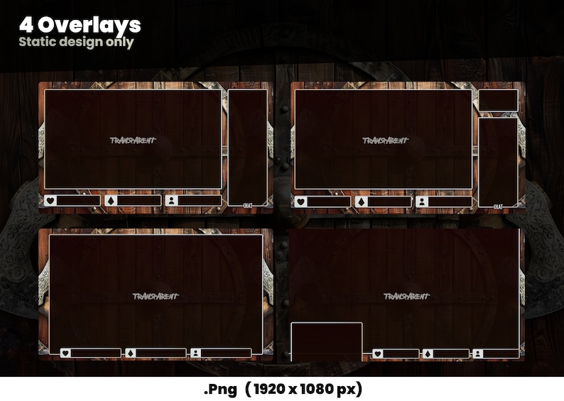 K&ouml;nnte beinhalten: Vier Overlay-Vorlagen f&uuml;r Streaming, mit rustikalem Holzhintergrund und wei&szlig;em Rand. Der Text "TRANSPARENT" erscheint in jedem Overlay.
