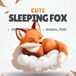 Może przedstawiać: Słodki pomarańczowy lis ze zmrużonymi oczami śpi na puszystej białej chmurze. Lis ma białe piersi i puszysty ogon. Tekst "Cute Sleeping Fox" znajduje się nad lisem.