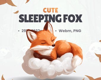 May include: A cute orange fox with closed eyes is sleeping on a fluffy white cloud. The fox has a white chest and a fluffy tail. The text "Cute Sleeping Fox" is above the fox.