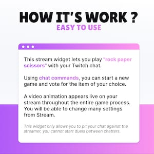 May include: A graphic with the text "HOW IT'S WORK? EASY TO USE." The image explains a stream widget that allows users to play "rock paper scissors" with their Twitch chat. It describes how to start a game using chat commands and the video animation.