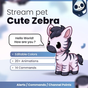May include: A digital graphic of a cartoon zebra with black stripes and a light purple body. Text reads: Stream pet Cute Zebra, Hello World! How are you?, Editable Colours, 20+ Animations, 14 Commands, and Alerts / Commands / Channel Points.
