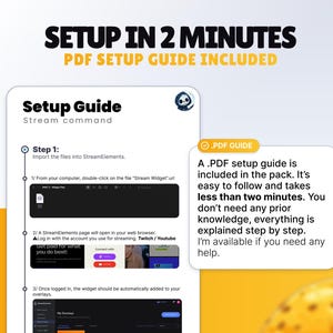 K&ouml;nnte beinhalten: Eine digitale Einrichtungsanleitung mit dem Text "Setup in 2 Minutes" und "PDF Setup Guide Included". Die Anleitung enth&auml;lt Anweisungen f&uuml;r StreamElements, mit Screenshots und einem Schritt-f&uuml;r-Schritt-Prozess. Ein PDF-Leitfaden ist enthalten.