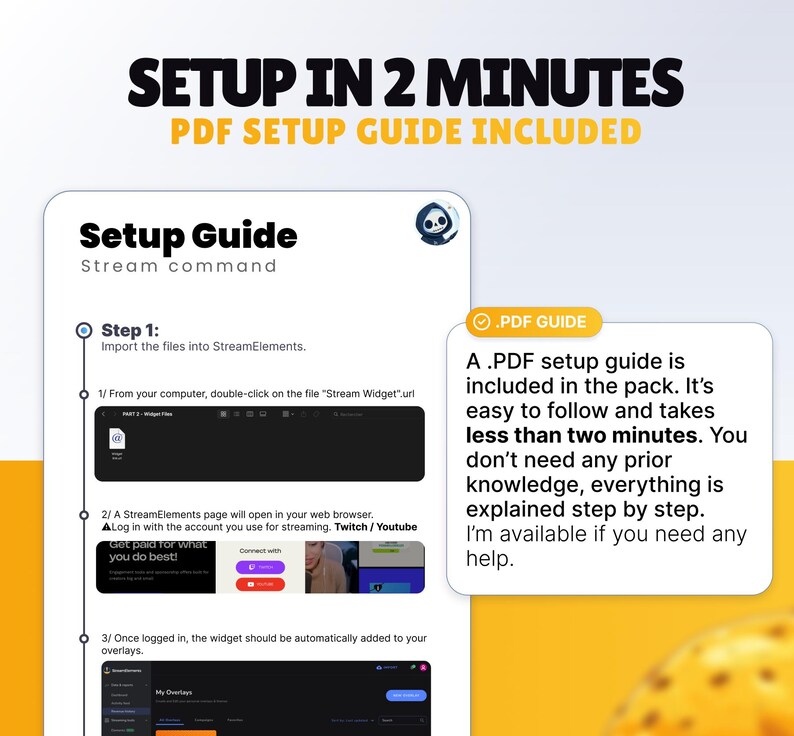 K&ouml;nnte beinhalten: Eine digitale Einrichtungsanleitung mit dem Text "Setup in 2 Minutes" und "PDF Setup Guide Included". Die Anleitung enth&auml;lt Anweisungen f&uuml;r StreamElements, mit Screenshots und einem Schritt-f&uuml;r-Schritt-Prozess. Ein PDF-Leitfaden ist enthalten.