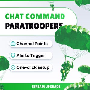 Può includere: Grafica verde e bianca con il testo "CHAT COMMAND PARATROOPERS". Include "Punti canale", "Attivazione avvisi" e "Configurazione con un clic". Paracadutisti scendono con paracadute verdi. Le parole "STREAM UPGRADE" sono in basso.