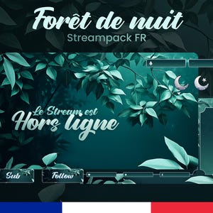 Może przedstawiać: Zielono-niebieski nakładkowy interfejs cyfrowy dla transmisji na żywo z tekstem "Forêt de nuit" i "Streampack FR". Nakładka zawiera również tekst "Le Stream est Hors Ligne" oraz przyciski "Sub" i "Follow".