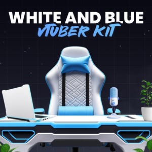 Könnte beinhalten: Ein weiß-blaues Gaming-Setup mit einem Gaming-Stuhl, einem Schreibtisch, einem Laptop, einem Mikrofon und Pflanzen. Der Schreibtisch hat ein weiß-blaues Design mit einem blauen Lichtstreifen. Der Stuhl hat ein weiß-blaues Design mit einem blauen Kissen. Das Mikrofon ist blau und hat einen weißen Ständer. Die Pflanzen sind grün und stehen in weißen Töpfen.