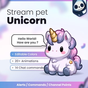Puede incluir: Un gráfico digital de un unicornio blanco con cuerno dorado, crin rosa y morada, y una estrella en el flanco. El texto dice: Stream pet Unicorn, Hello World! How are you?, Editable Colors, 20+ Animations, 14 Chat commands, Alerts / Commands / Channel Points.